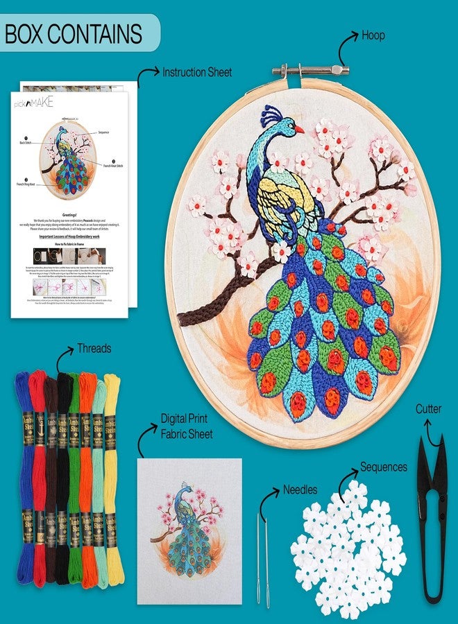 picknMAKE Colorful Majestic Peacock Hand Embroidery Kit for Beginners, Adults & Kids - Digital Printed Fabric, Threads, Needles, Floral Sequins & Instructions - DIY Embroidery Set - Image 2